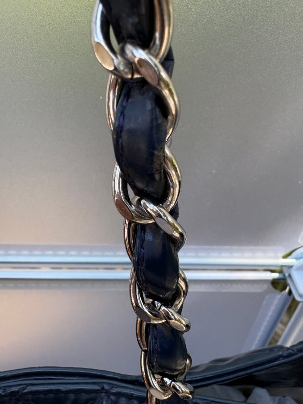 CHANEL Navy Blue Quilted Patent Leather Tote Bag Silver Chain Shoulder Bag - Picture 12 of 16